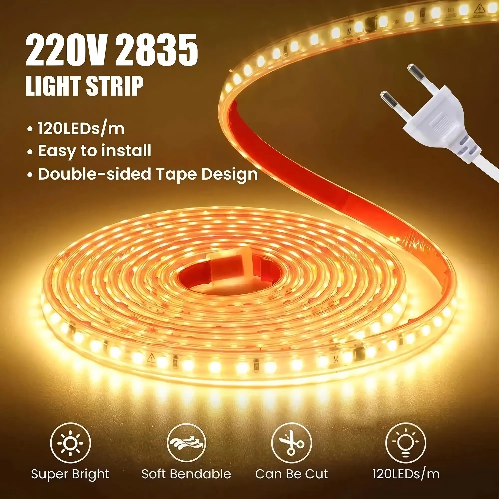 

5M/Roll Drive-free 220V IP67 Waterproof SMD2835 Led Strip 10mm Flexible Cuttable Self-adhesive SMD 2835 Led Light Strip