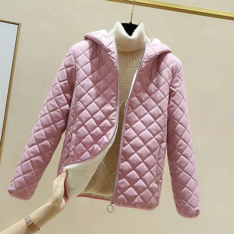 Padded jacket new 2021 popular women\'s loose large size short style  velvet thick lamb velvet cotton jacket  hooded jacket