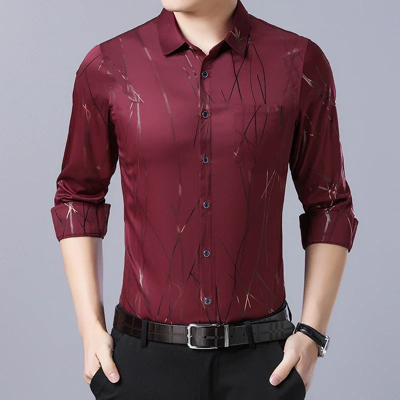 Kemeja kerah bercetak lengan panjang pria, untuk mode musim semi musim gugur nyaman tanpa disetrika