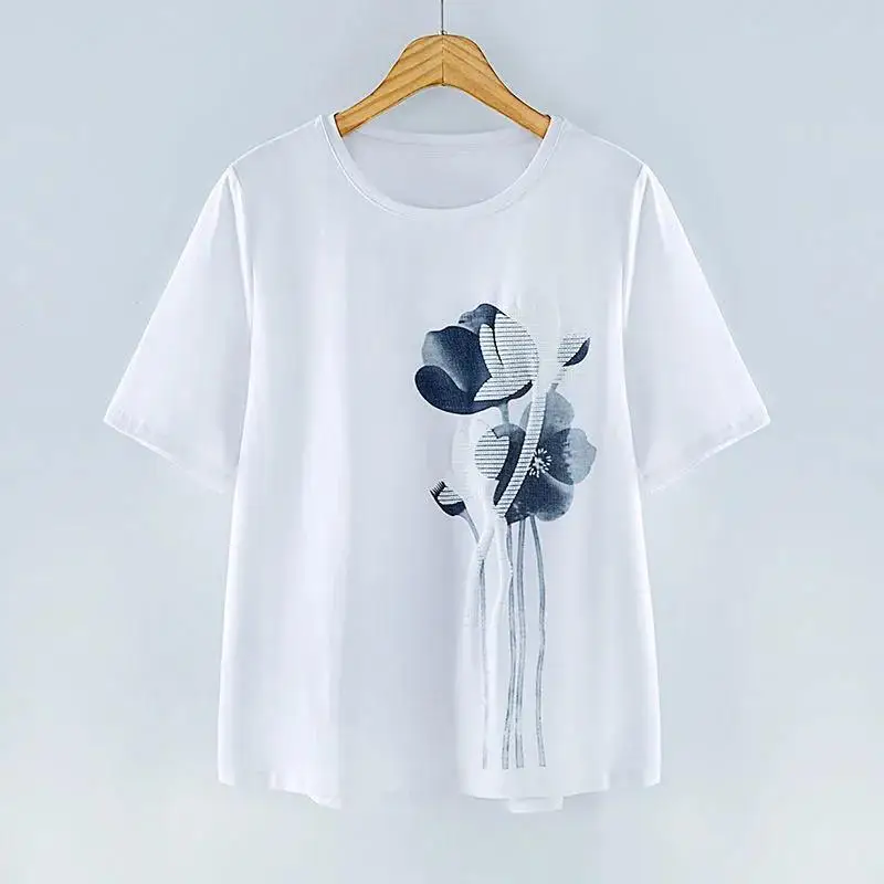 2024 New Retro Art Minimalist Round Neck Exquisite Lotus Leaf Print Casual Loose Oversize Fashion Versatile Women's T-shirt