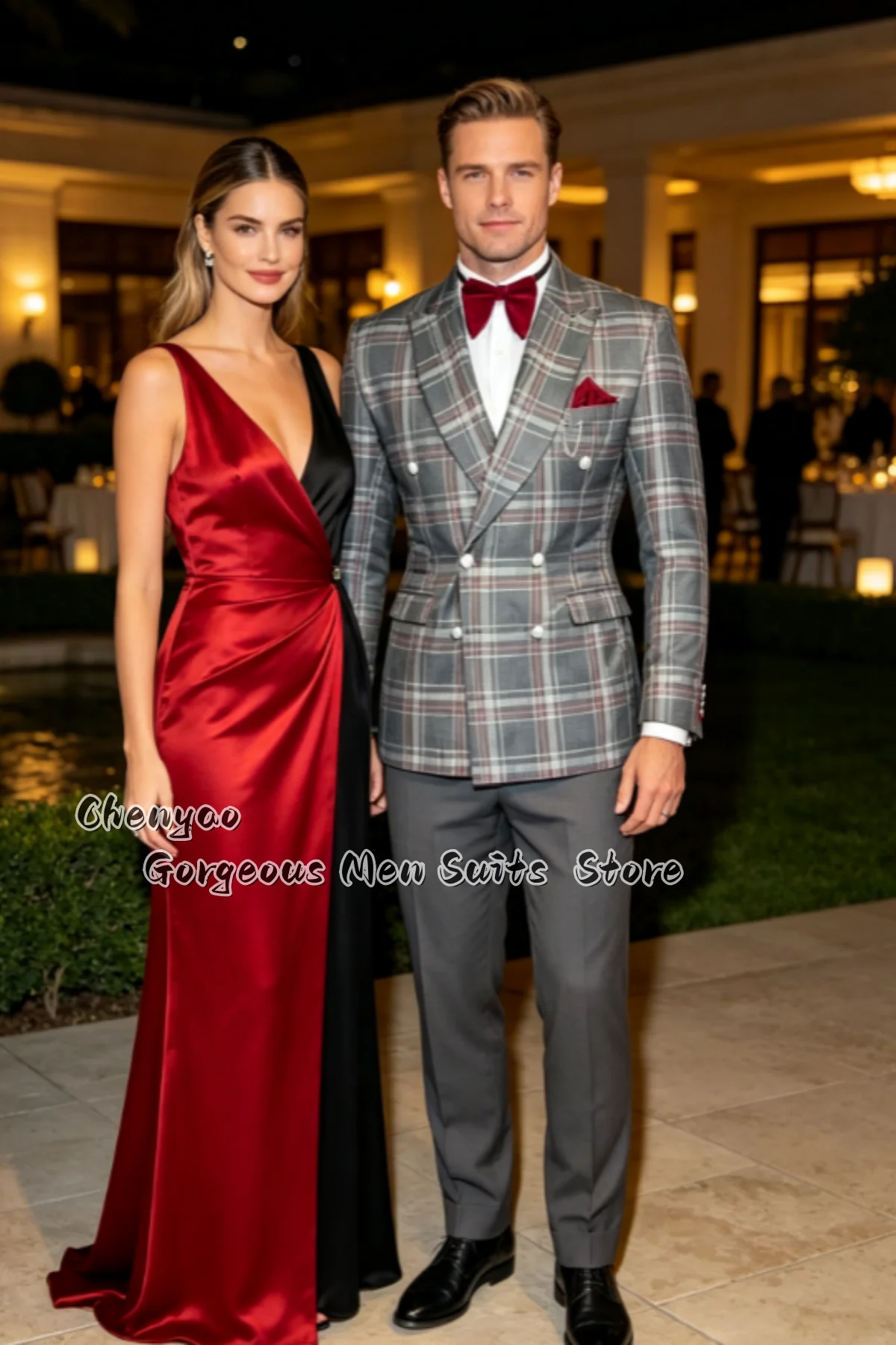 Elegant Vintage Tweed Check Men Suits Lapel Double Breasted Groom Tuxedos Wedding Party Male Blazers Fashion 2Pieces Customized