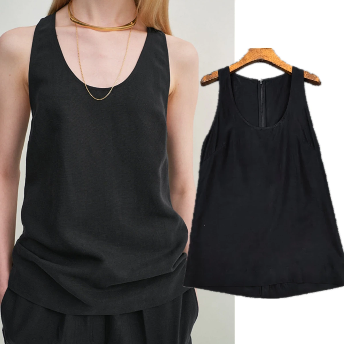 

Maxdutti French Minimalist Lazy Loose Linen U-neck Vest Summer T-shirt Woman Clothing Sleeveless Top Women's Blouses And Shirt