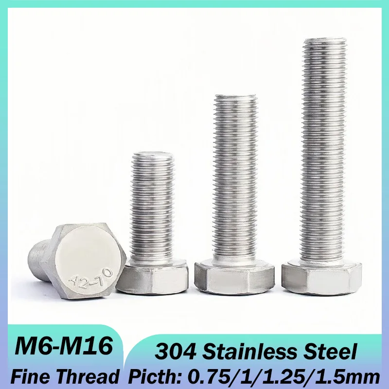M6 M8 M10 M12 M14 M16 Fine Thread Pitch 304 Stainless Steel Hexagon Head Bolt Full Thread External Hex Hexagon Head Screws