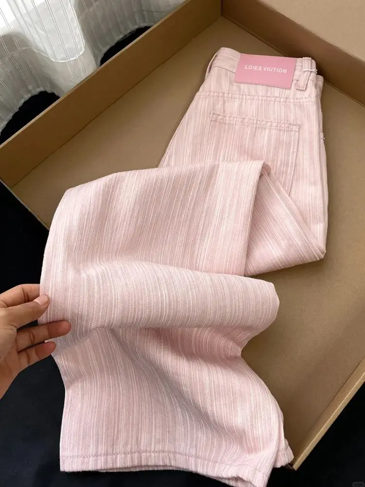 Pink striped wide-leg jeans women's 2024 summer thin new high-waisted loose straight drape floor pants women jeans