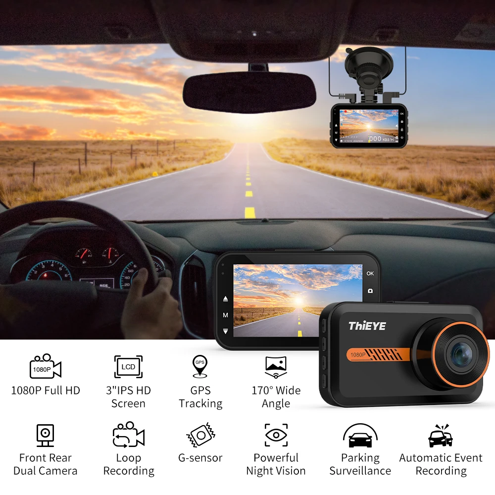 ThiEYE-Cámara de salpicadero para coche, dispositivo grabador DVR con doble lente,  3,0 P, HD, detección de movimiento, Sensor G, 1080 pulgadas