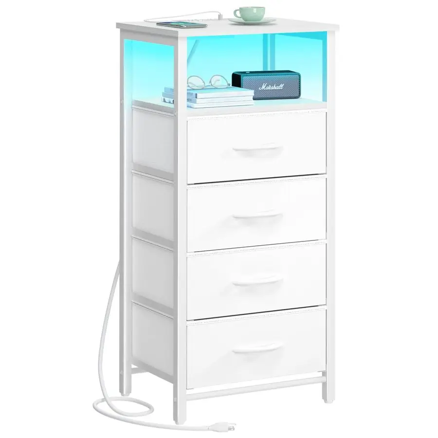 

Night Stand LED White Nightstand with Charging Station, Bedside Table with 4 Storage Drawers and Storage Shelf, End Table with U