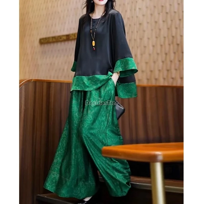 

2025 chinese improved style loose casual 2 piece tang suit set satin round collar blouse long pants splicing design fashion set