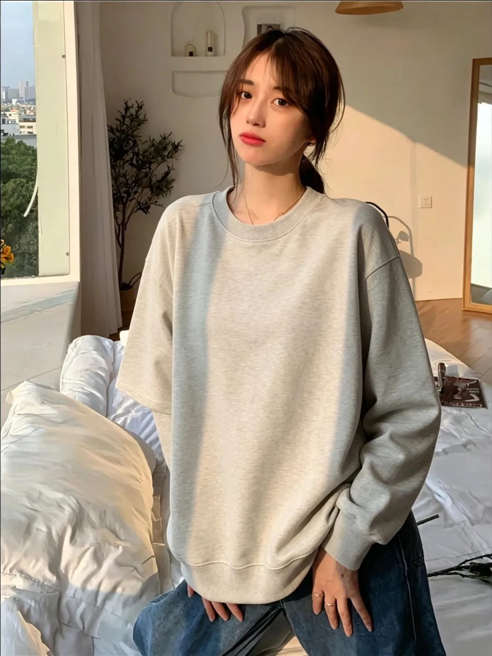 Koreanische Einfarbige Damen-Sweatshirts Herbst Fleece Warme Kapuzenpullover Lässige Bequeme O-Ausschnitt Pullover Basic Loose Promotion Tops