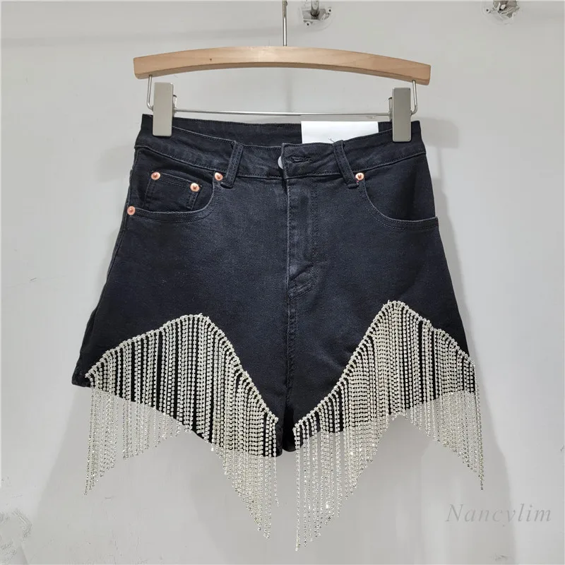 Tassel Chain Denim Shorts Women's Summer 2024 New High Waist Slimming Sexy European and American Style Heavy Industry Shorts