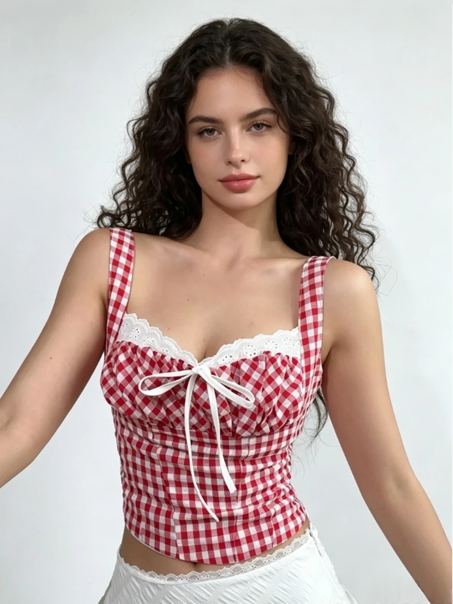 Women Red Plaid Elegant Camisole Top Y2K Gyaru Cropped Top Square Collar Tank Top Off Shoulder Sleeveless Vest for Women Summer