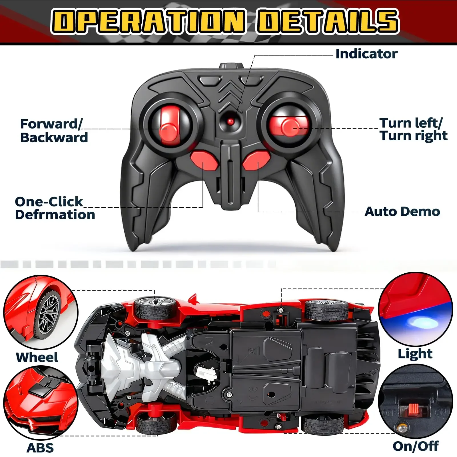 2-em-1 rc transformando carro robô brinquedo mini veículo de deformação de controle remoto com luzes som corrida crianças presente haste educacional