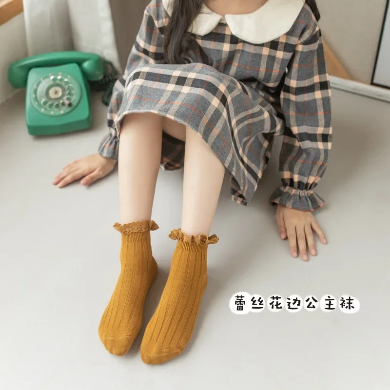 Autumn Winter Vintage Baby Girls Cotton Socks Solid Color Kids Children's Socks Japanese Korean Girl Princess Socks