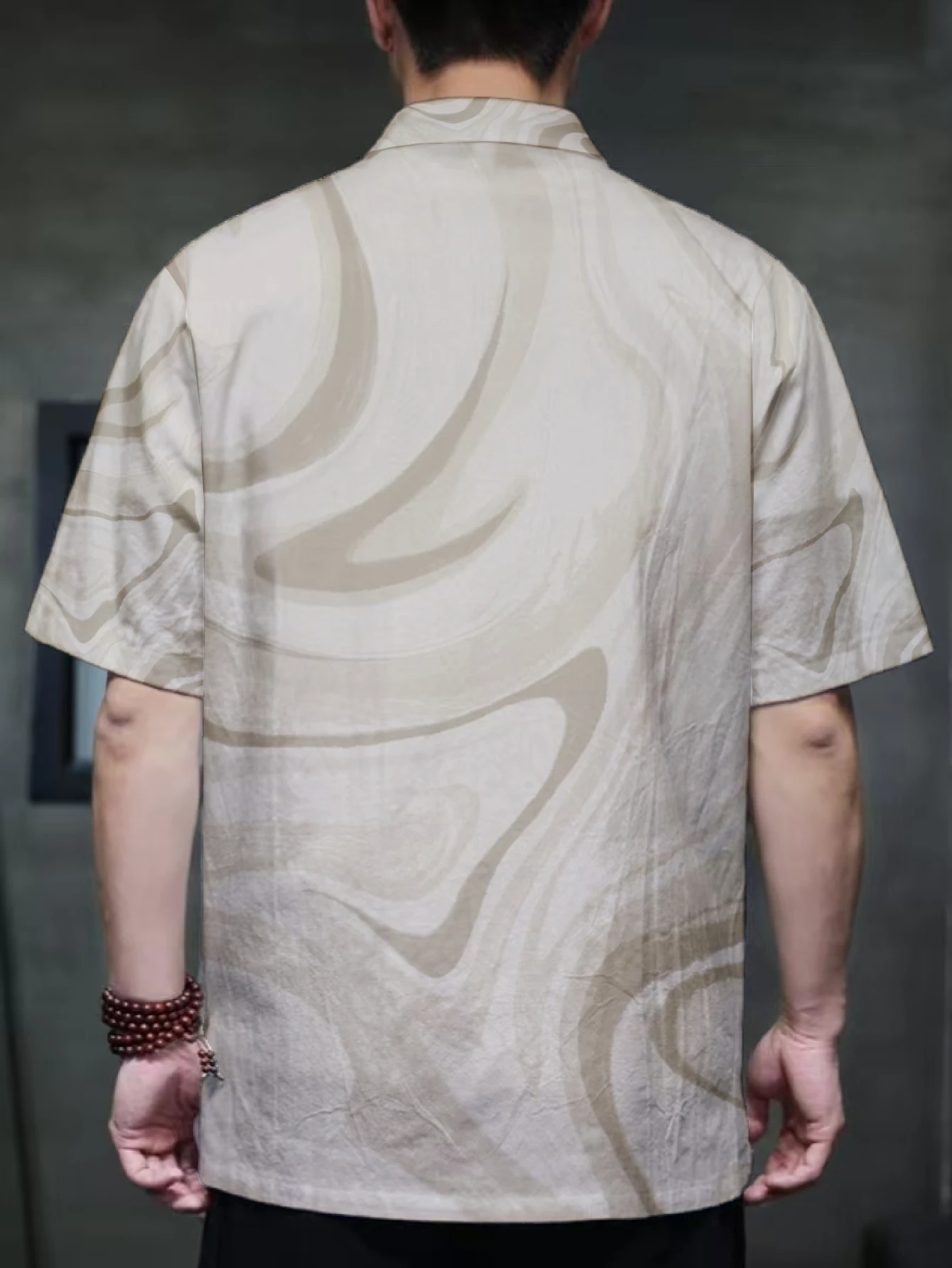 Men Stand Collar Tang Suit Shirt Abstract Swirl Texture Print Frog Button Loose Summer Casual Outer Garment
