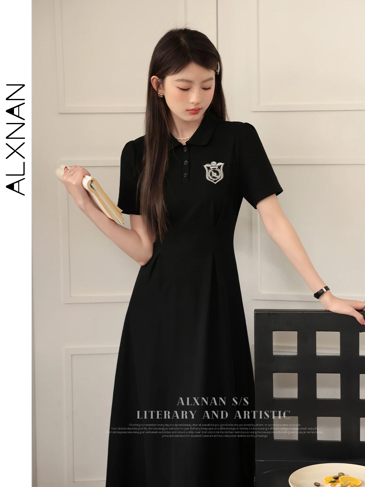 ALXNAN Polo Collar Black T-shirt Dress Woman 2024 Summer Solid Casual A-line Short Sleeve Women's Dresses Clothing LXN29826