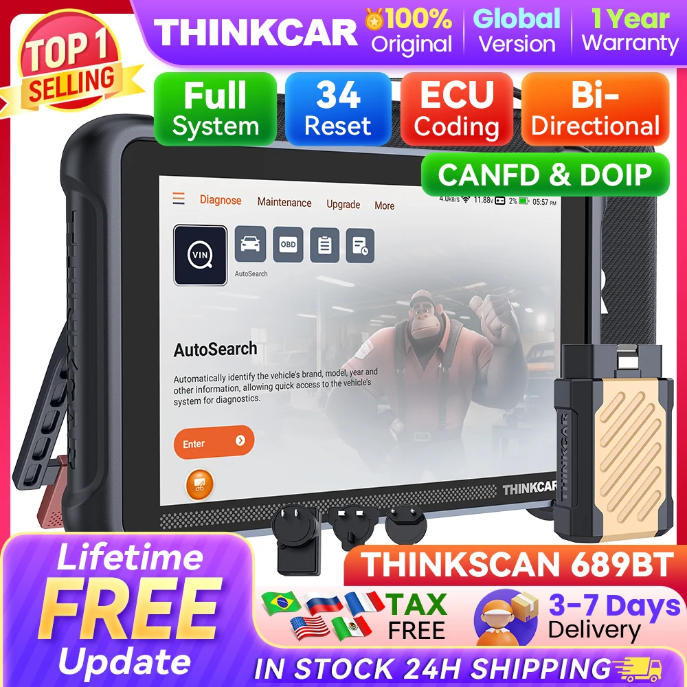 

THINKCAR THINKSCAN 689BT Professional Car Diagnostic Tool CANFD DOIP Bi-directional ECU Coding 34 Reset Full System Obd2 Scanner