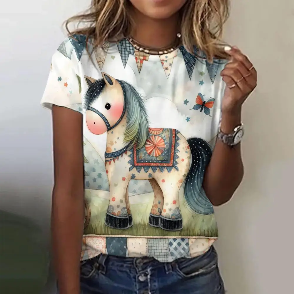 Summer Vintage Animal Horse 3D Print T-shirts Women Streetwear Casual Fashion Y2k Short Sleeve T Shirt O-neck Tees Tops Odzież