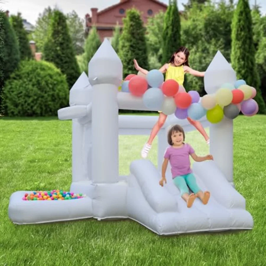 บ้านลมงานแต่งงานสีขาวพร้อมเครื่องเป่าลม บ้านเด้งดึ๋งพร้อมสไลเดอร์สำหรับงานปาร์ตี้ งานแต่งงาน ครอบครัว รูปทรงปราสาท ขนาด 9 ฟุต (ยาว) × 9 ฟุต (กว้าง) × 7 ฟุต (สูง)