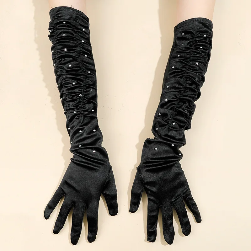 

1Pair Black Satin Sexy Nightclub Gloves Halloween Cosplay Pleated Long Gloves Sparkling for Clubwear Dance Catsuit Cool Mittens