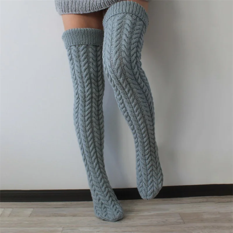 Girls Winter Cable Knitted Socks Solid Color Over Knee Socks Thigh High Long Boot Socks Stocking Leg Warmer