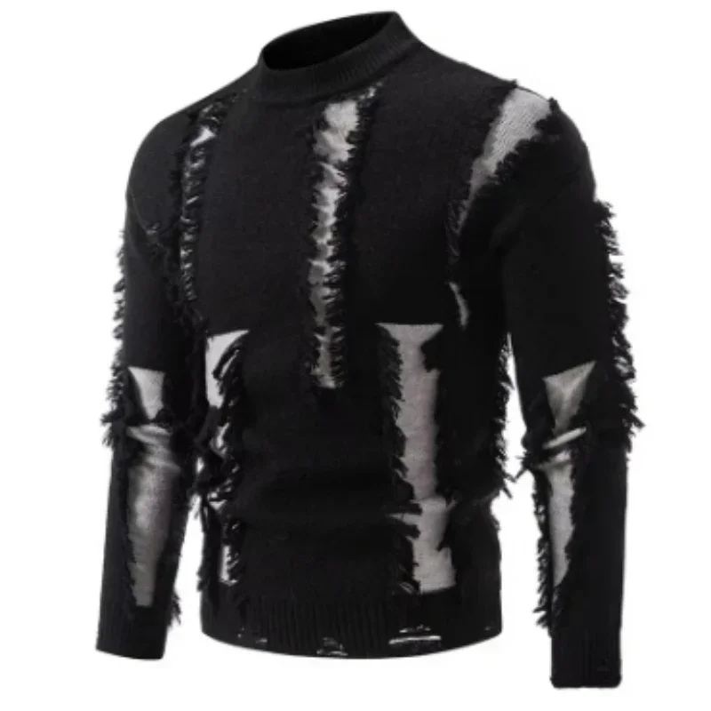 

2024 New Men's Knitted Sweater Autumn and Winter Casual Warm Sweater Knit Holes Personality Trends Tops