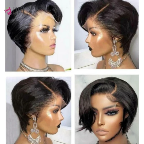 Imagen 2 del producto Peluca de cabello humano de encaje transparente para mujer, peluca recta de Bob corto, peluca de encaje 13x4, peluca de cabello virgen brasileño prearrancada, peluca de corte Pixie