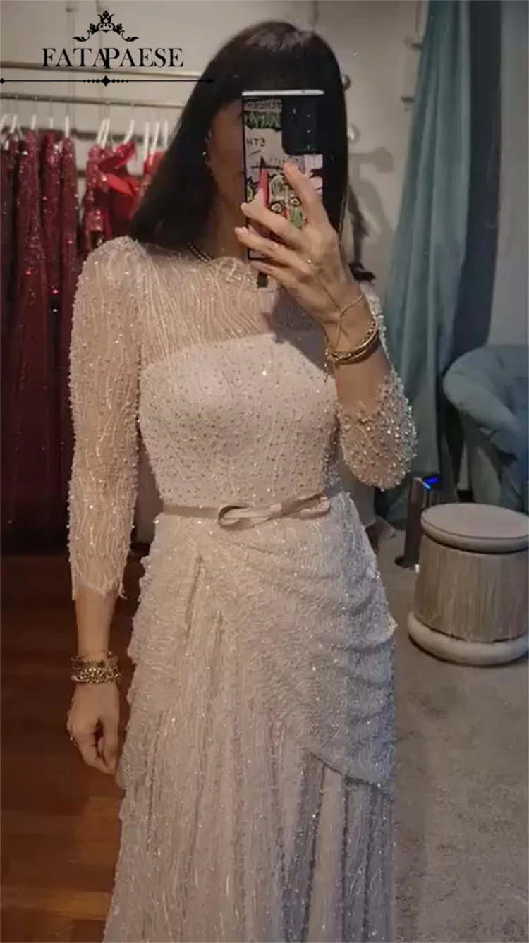 

FATAPAESE Haute Couture Кружевные вечерние платья с бусинами для свадебной вечеринки Роскошные платья для выпускного вечера с длинными рукавами Арабские платья в Дубае