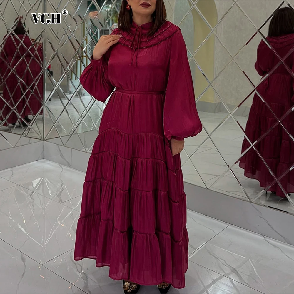 

VGH Elegant Patchwork Lace Up Long Dress for Women Stand Collar Spliced Beading Long Sleeve Loose Luxury Dresses Female Fashion