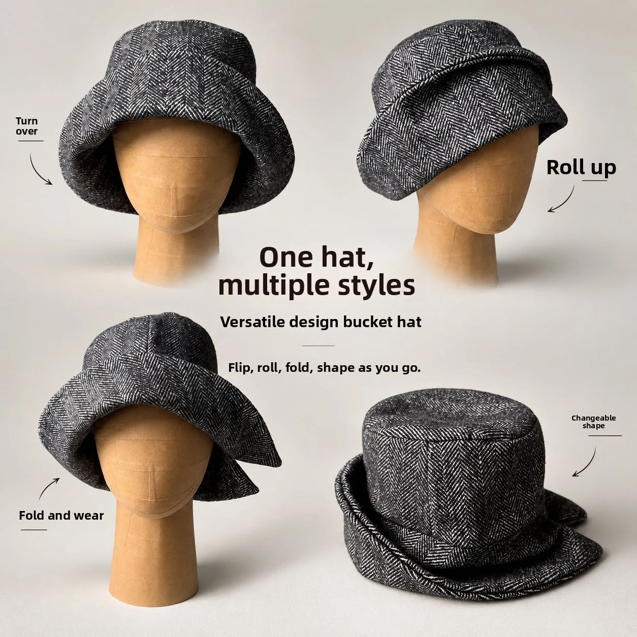 2027 British Flip Brim Bucket Hat for Women, Retro Autumn Winter Face Slimming Beret, Multi-style Fashion Fisherman Hat