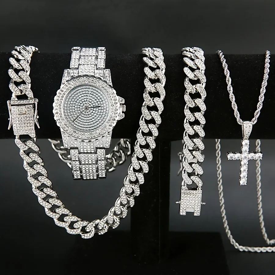 4-piece set, men's watch set, men's Cuban necklace bracelet set, men's cross necklace set