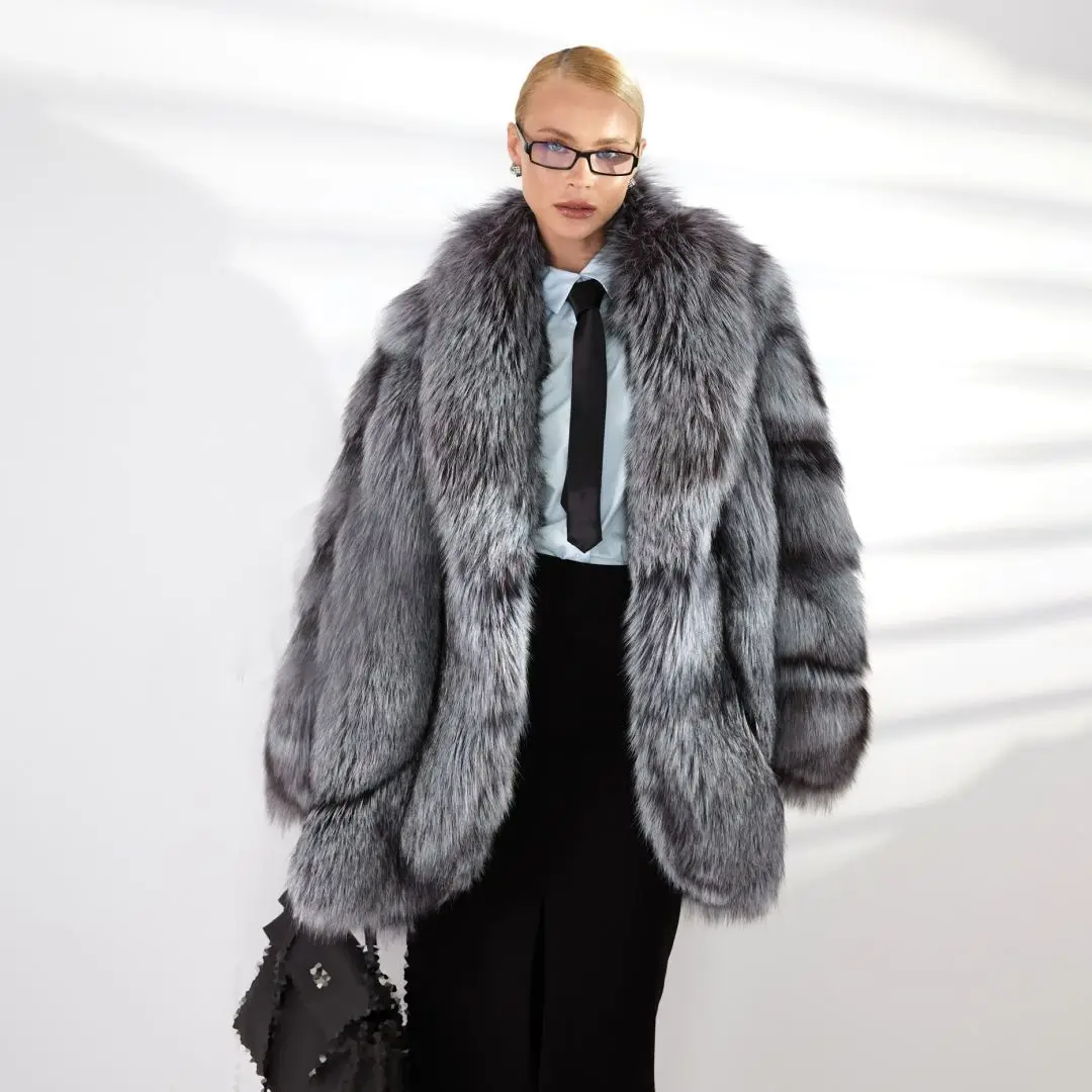 Real Natural Silver Fox Fur Coat Women Lapel Thick Jacket Female Luxury Winter Genuine Fur Warm Overcoat