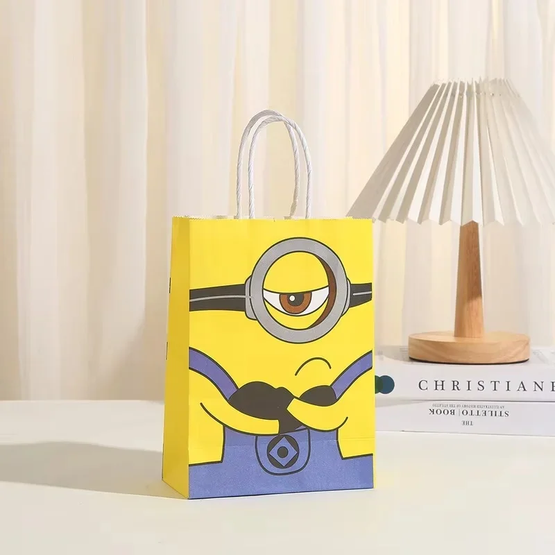 12/24pcs Despicable Me 4 Minions Birthday Theme Portable Paper Bag Cute Color Square Bottom Gift Packaging Bag Gift Storage Bag