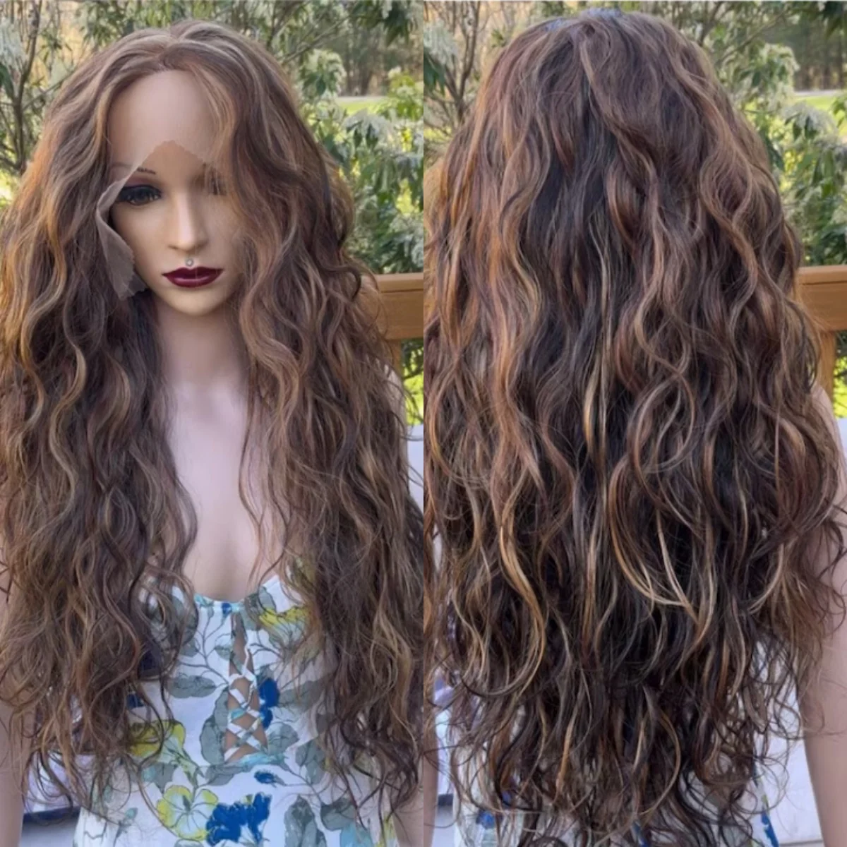 Water Body Wigs Long Highlight Brown Synthetic Lace Frontal Wigs For Women Body Wave Pre Cut Lace Glueless Wear To Go Wigs