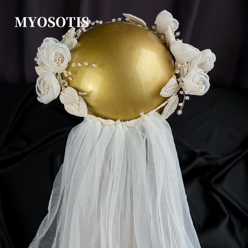 Romantic Roses Flower Garland with Veil Bridal Hairbands Handmade Beach Wedding Jewelry Hair Accessories Wholesale