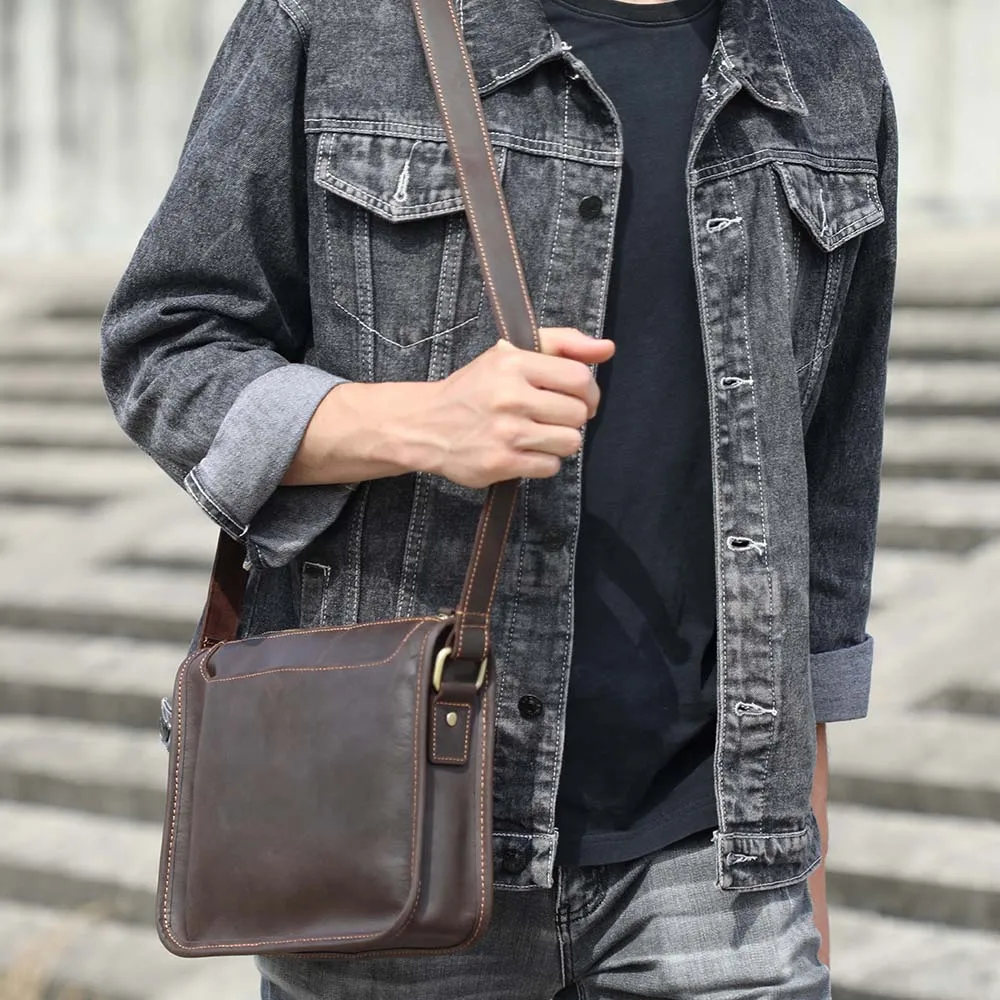 S.WORKER Vintage Echtleder Herren 11" Messenger Bag Umhängetasche Crazy Horse Rindsleder Schultertasche Top-Layer Mode – Detail 4