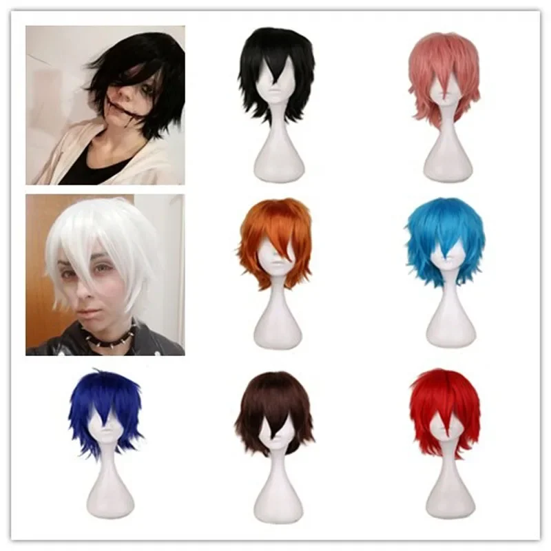QQXCAIW mężczyzna peruka czarny biały fioletowy blond czerwone krótkie włosy Cosplay kostium Anime Halloween peruki syntetyczne włosy z Bangs dla mężczyzn