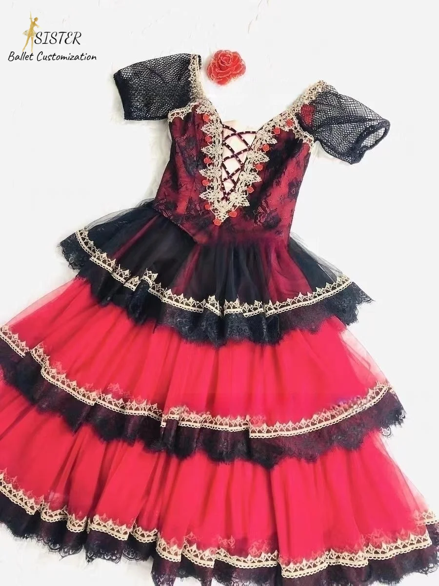 New Don Quixote tutu Don Quixote Variations Competition dress tailored red and black diamond set large swing long gauze dress