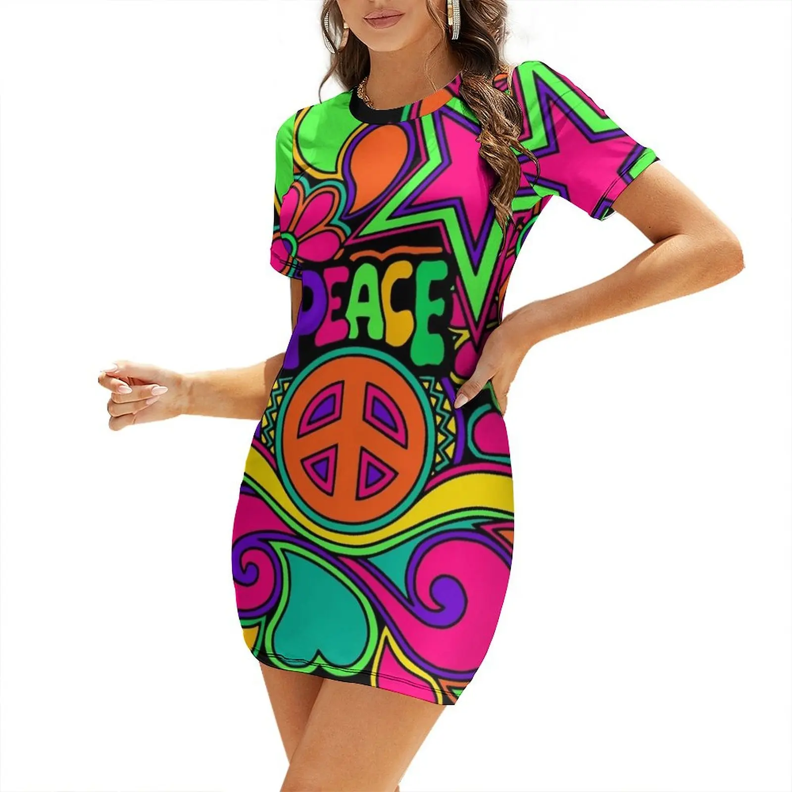 

Pretty Pink n Colorful Hippy Trippy Design Short Sleeved Dress beach dress loose summer dress dresses for womens