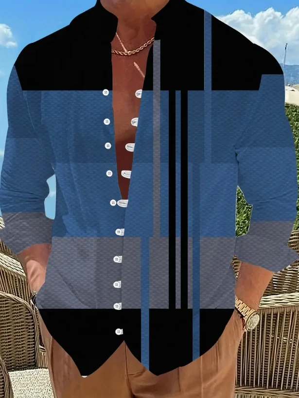 Men's standing collar long sleeved shirt is fashionable, comfortable, and casual