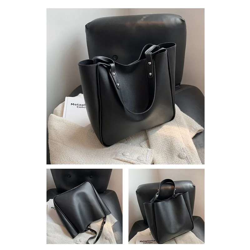 Simple Women Bucket Shoulder Bags New Solid Color Handbags Retro Large Capacity Tote Bags Large Capacity Pu Leather Bags 2024