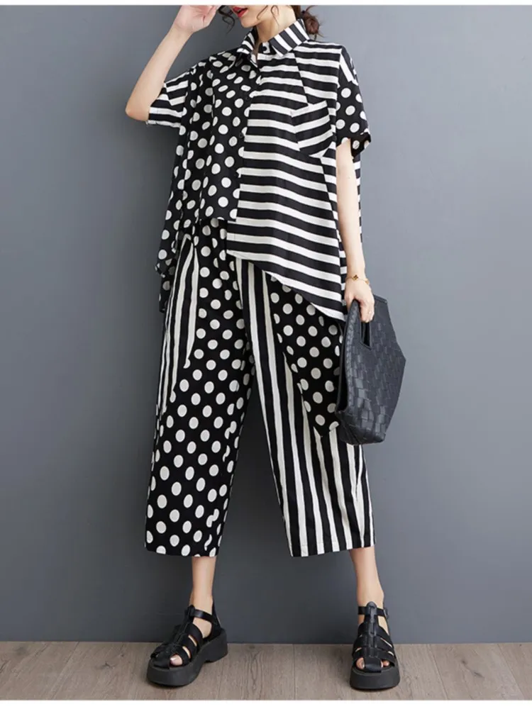 Oversized Polka Dot Striped Print Summer 2 Two Piece Set Women Irregular Pleated Fashion Ladies Shirts Wide Leg Loose Woman Pant