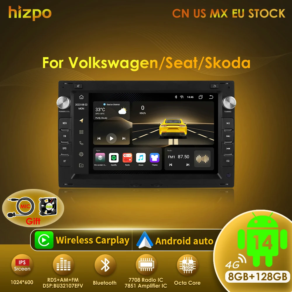 Hizpo 7 "Radio per auto Lettore multimediale Adnroid GPS per VW PASSAT B5 MK4 MK5 SHARAN Jetta Bora Polo TRANSPORT T5 CITI CHICO Carplay