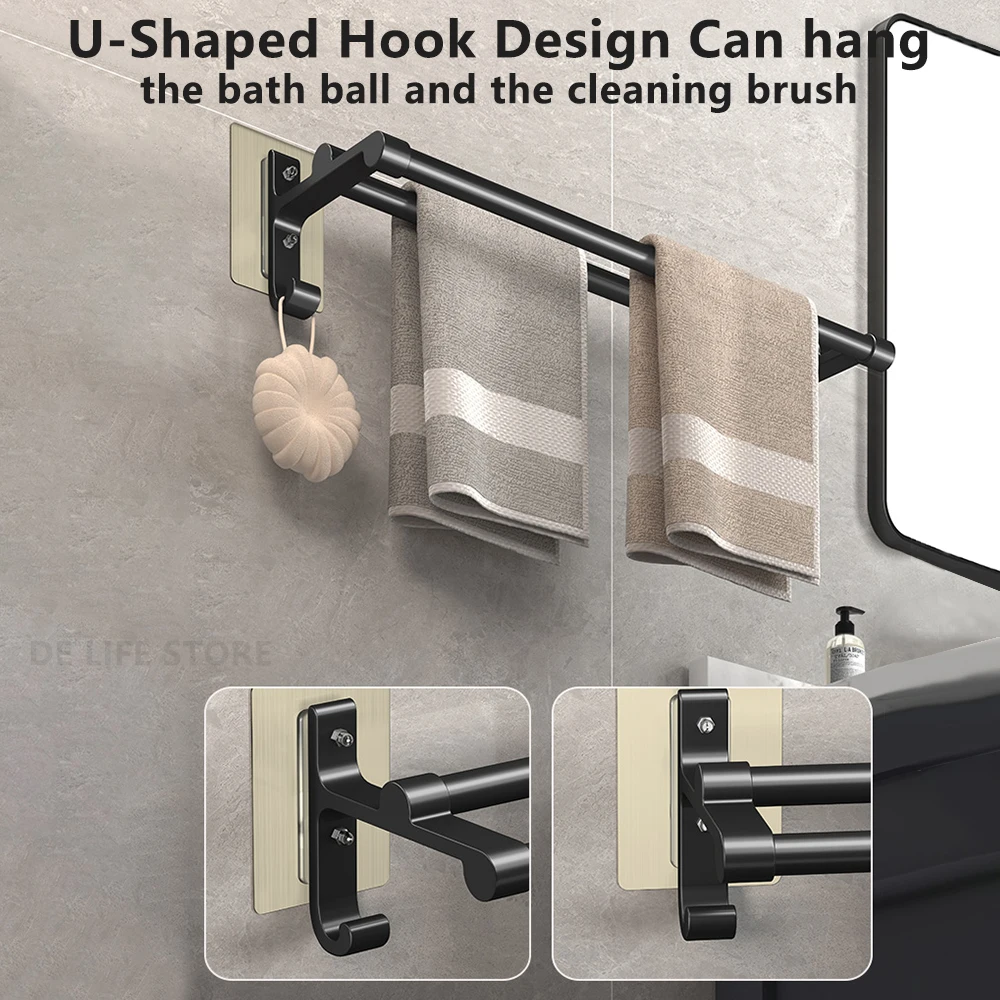 Aluminum Bathroom Towel Holder Self-Adhesive Towel Rack Without Drilling Wall Double Rod Bath Hanger Shower Bathroom Accessories