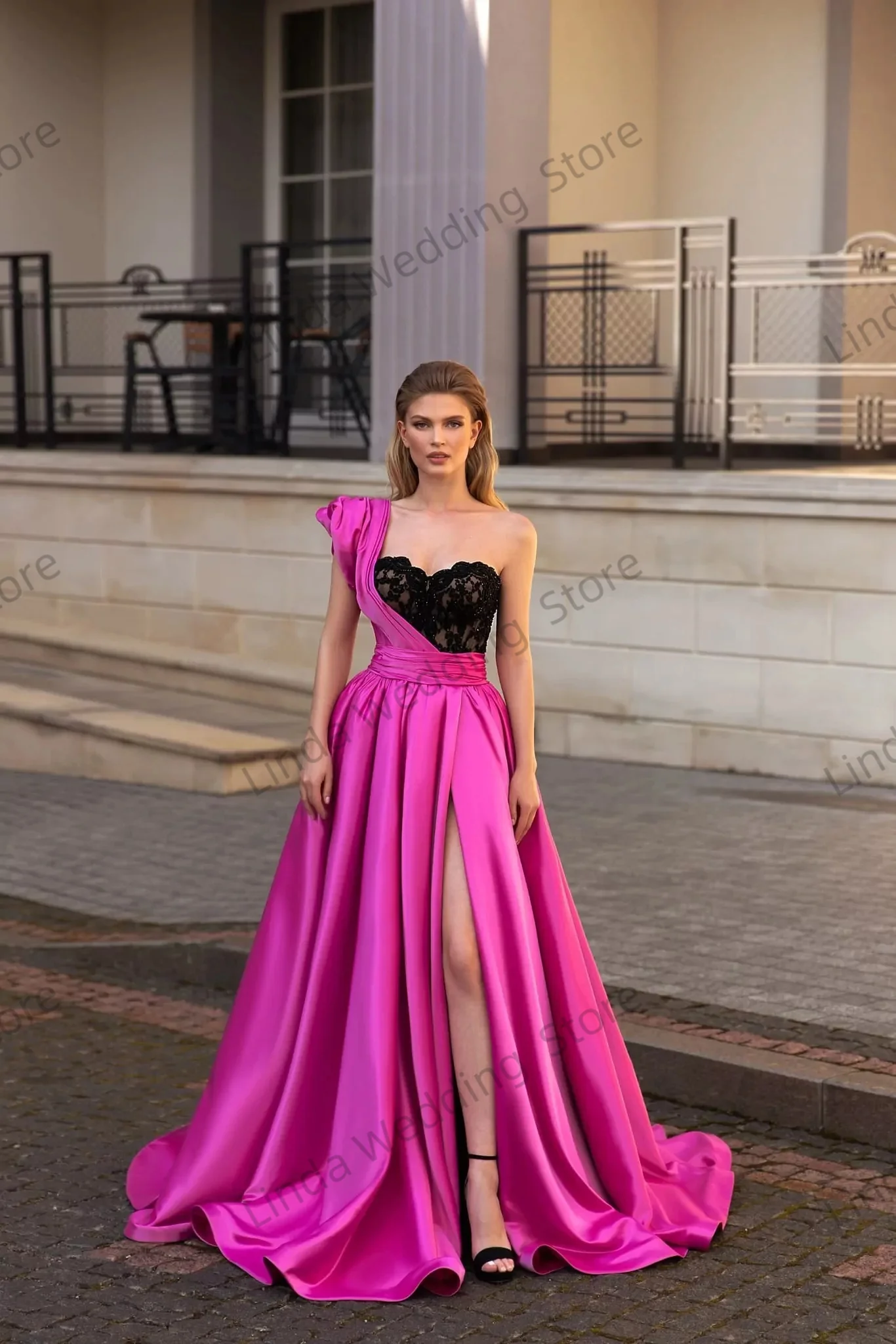 Elegante fúcsia vestidos de baile uma linha querida rendas vestidos de noite para formal brithday personalizado mancha fenda vestido de gala