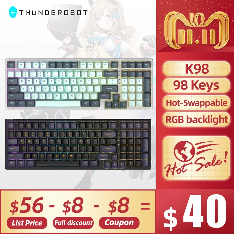 K98 Mechanical Keyboard THUNDEROBOT 98 Keys RGB Hot Swappable Red Switch Wired Keyboards for PC Laptop Win/Mac