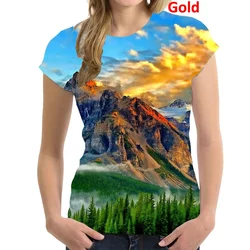 Women's Fashion Short Sleeve Casual Print Round Neck Art Paintings Mountain Forest Tops & T-Shirts Pullover T Shirt