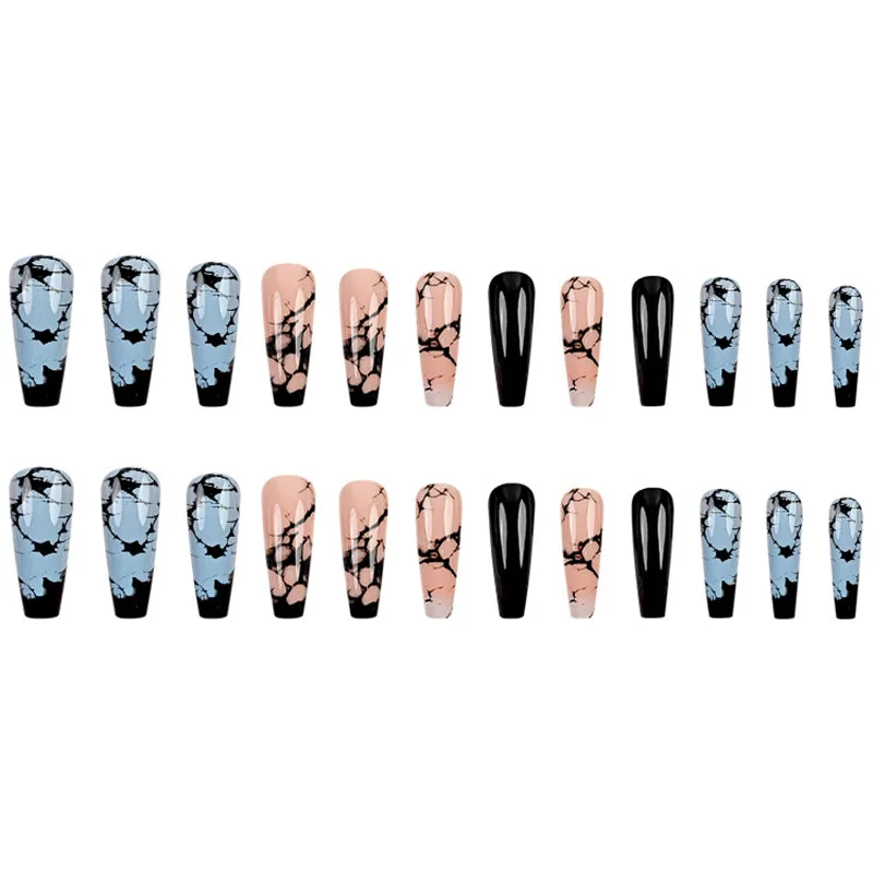24 pièces de longs ongles carrés à pression, veines de marbre bleu noir sur base noire solide |   Style gothique moderne