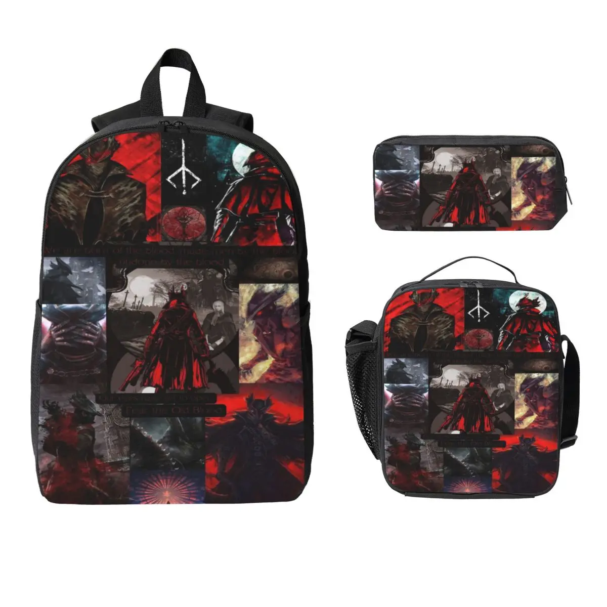 3Pcs Bloodborne merch Backpack Set for Girls Boys Pencil Boxes Bookbag Sets with Lunch Box For School Students Daypack