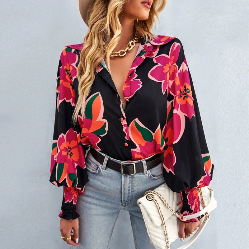 Fashion Women Printed Chiffon Shirt New Spring Autumn Elegant Lantern Long Sleeve Loose Office Casual Blouse Ladies Lapel Tops