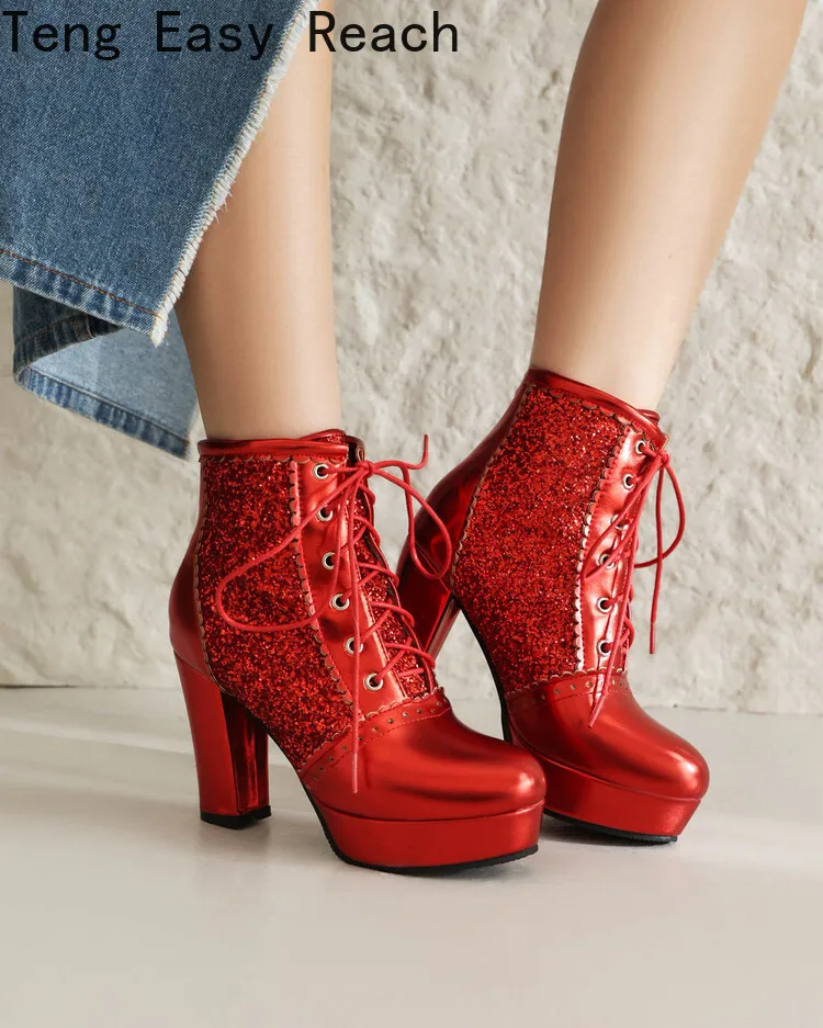 Fashion Ankle Boots for Women Winter Shoes Block High Heels Patent Lace-up Women\'s Short Boot Red Large Size 45 46 47 48 49 50