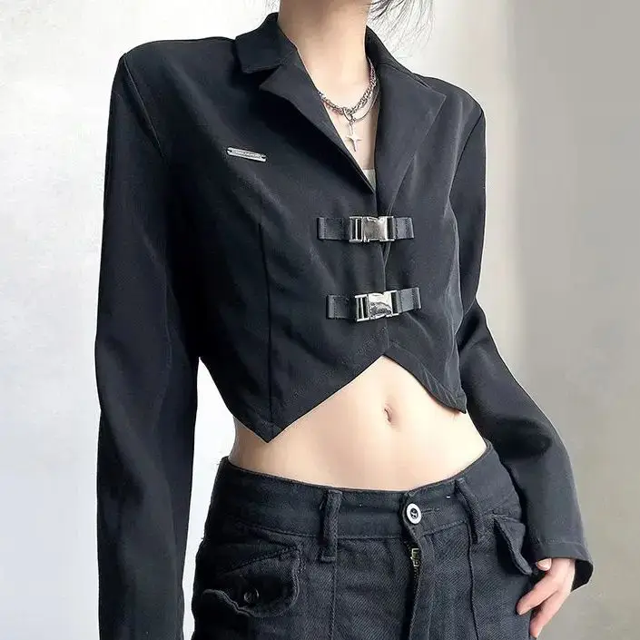 Blazer Buckle Belt Irregular Cropped Black Women Long Sleeve Suit Jacket Fashion Blazer 2024 Casual Streetwear Short Jacket